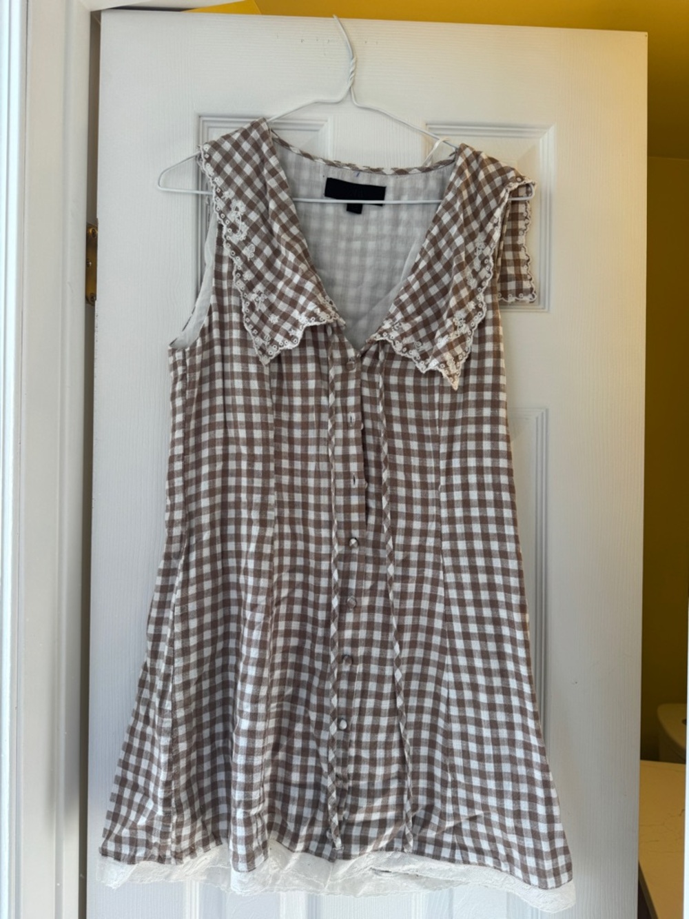 Zara Brown and White Gingham Sleeveless Dress with Lace Collar